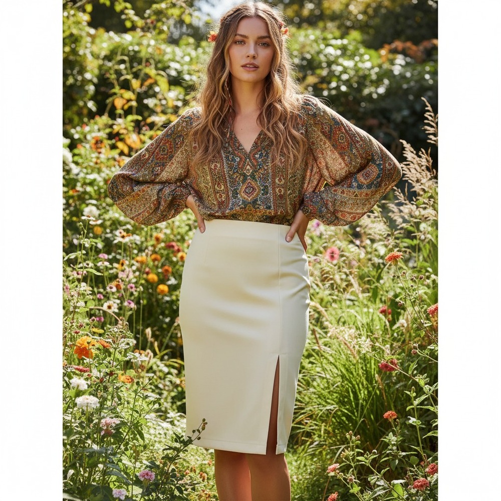 Steve Madden M Pencil Skirt Faux Suede Cream Office Minimalist Preppy Scandi